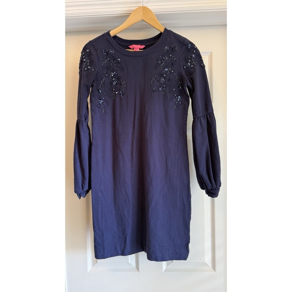 Lilly Pulitzer Dress Womens XS Navy Blue Beaded Floral Bishop Sleeve Sweatshirt